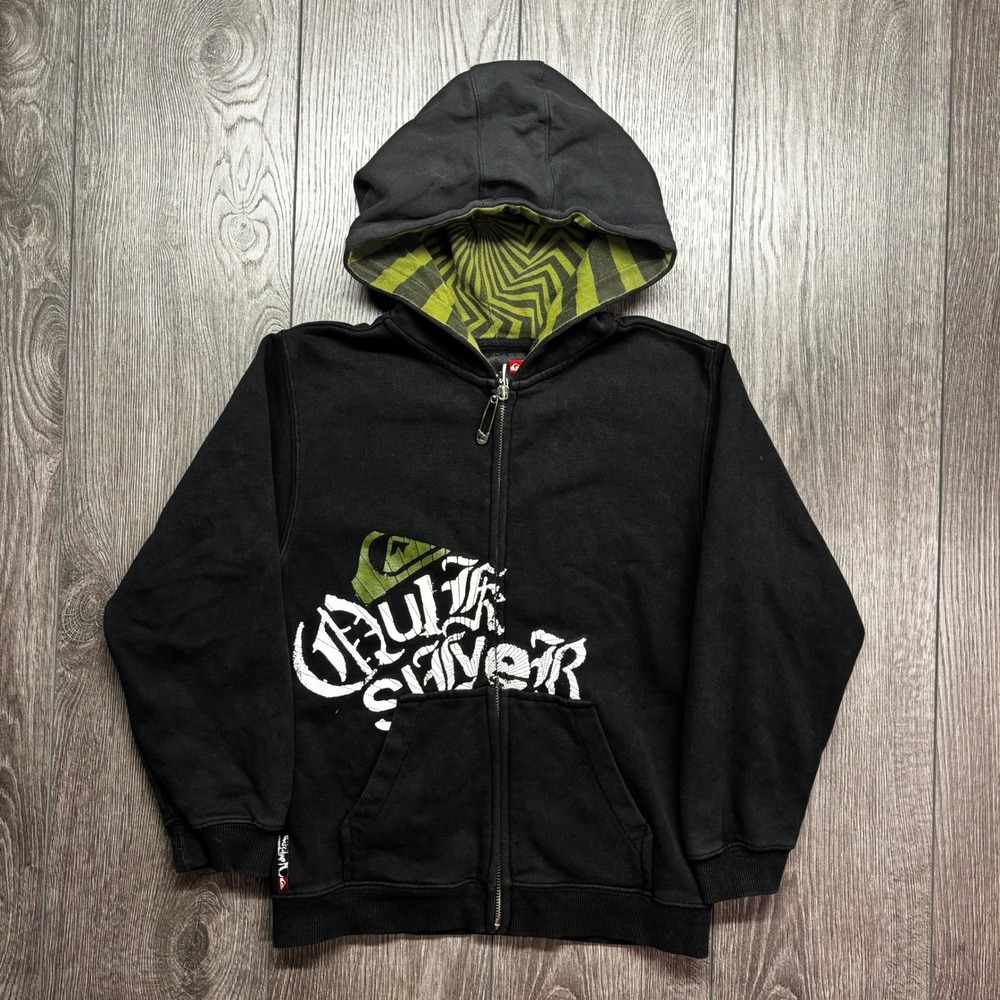 Quiksilver Kids Black Full Zip Hoodie Graphic Logo Spiral Hood Y2k Size L 7